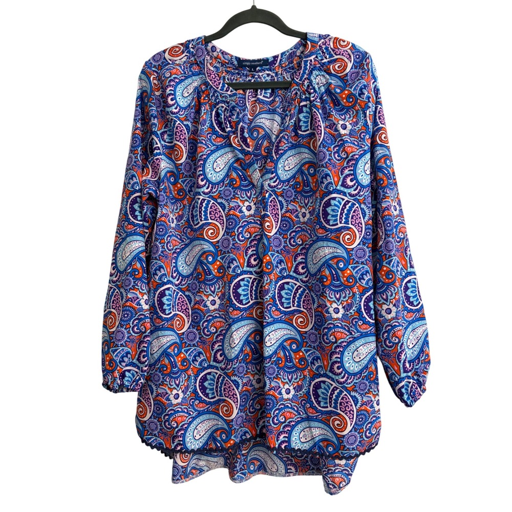Simply‎ Southern Tunic Top Large Blue Paisley, Boho, Peasant, Preppy, Colorful